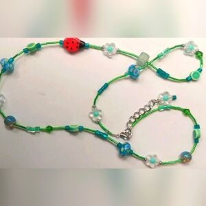 Handcrafted Beaded Long Necklace With Ladybug & Flowers 28" W/2' Extender